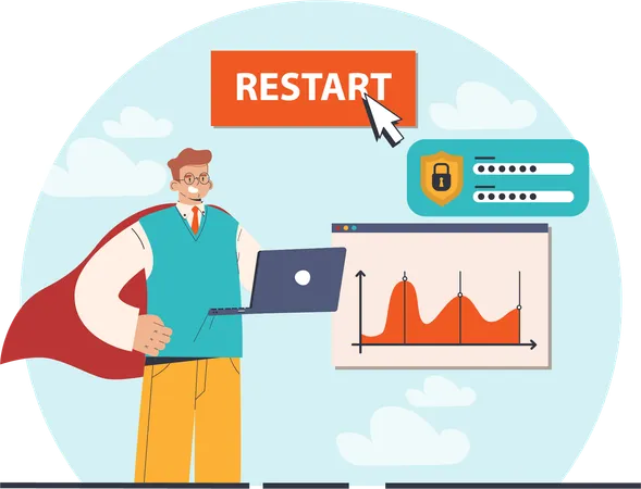 Super businessman restart his account while doing business anlaysis  Illustration