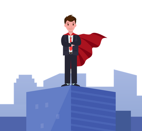 Super businessman standing on company building Illustration