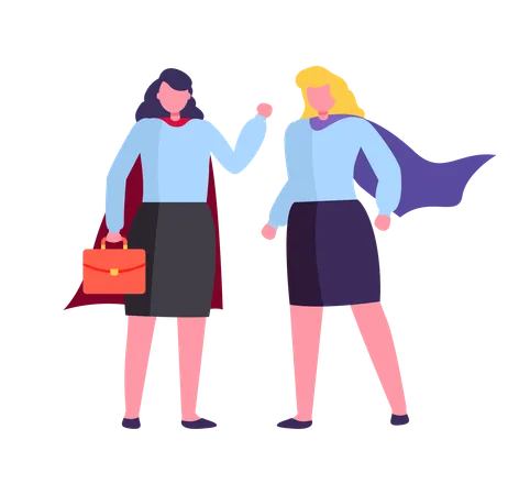 Business Meeting Of People Vector Hero Woman With Briefcase Lady Wearing Special Super Gowns Powerful Employees With Case And Documents Teamwork Illustration