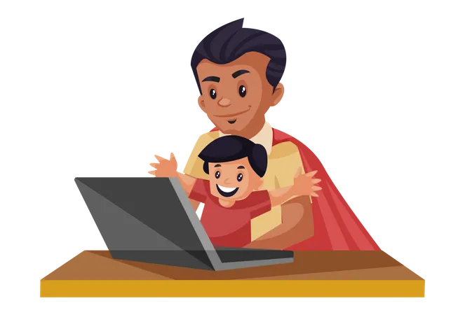 Super dad and kid are watching video on laptop  Illustration