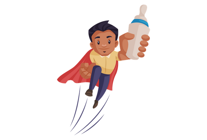 Super dad is flying with a milk bottle in hand  Illustration