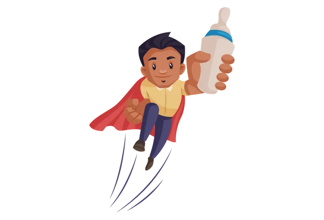 Super dad is flying with a milk bottle in hand  Illustration