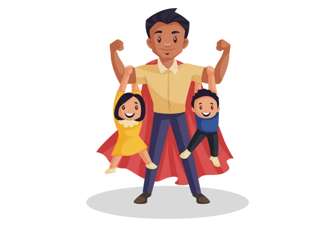 Super dad is hanging his kids on arms Illustration