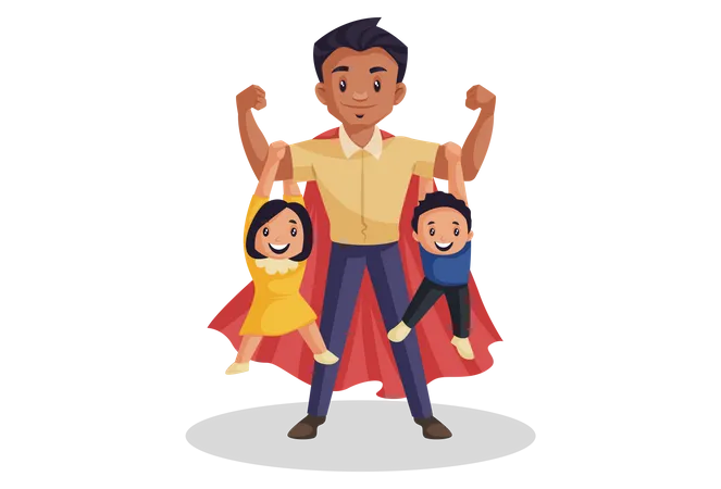 Super dad is hanging his kids on arms  Illustration