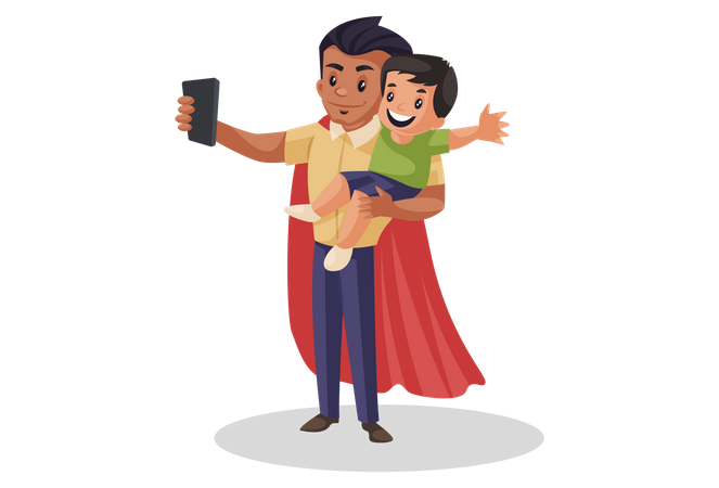 Super dad taking selfie with his son  Illustration
