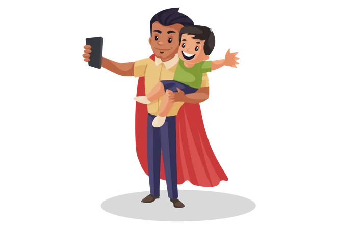 Super dad taking selfie with his son  Illustration