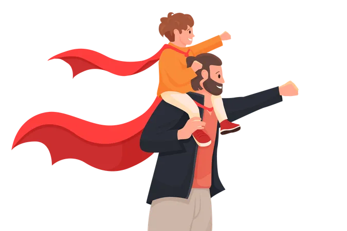 Dad Superhero Family Scene For Fathers Day Greeting Card Vector Illustration Cartoon Happy Daddy In Red Cape Carrying Son On Shoulders To Protect And Play Man And Boy With Hero Costume And Pose Illustration