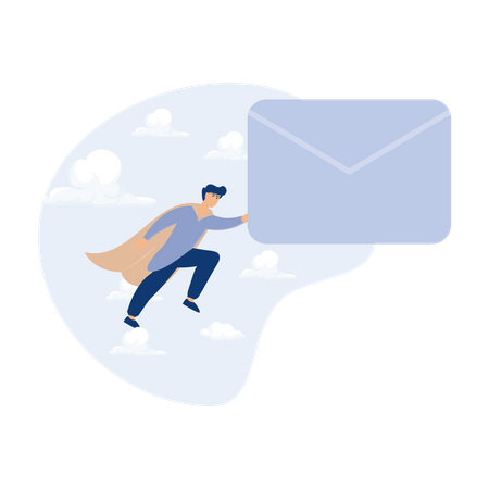 Super-herói carregando um grande envelope de e-mail voando para o endereço do destinatário  Ilustração