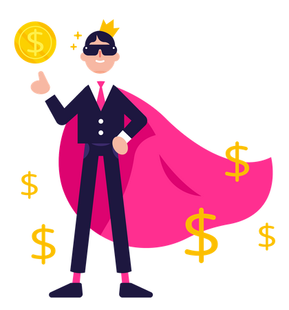 Mascote super-herói empresário com dinheiro, mascote de solução de grandes ganhos  Ilustração