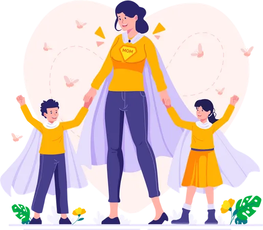 Mãe super-herói com filhos  Ilustração