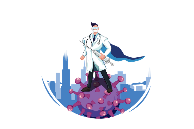 Médico super-herói lutando contra vírus  Ilustração