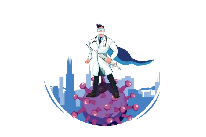 Médico super-herói lutando contra vírus  Ilustração