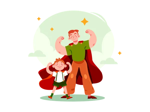 Pose de super-héros par fils et papa  Illustration