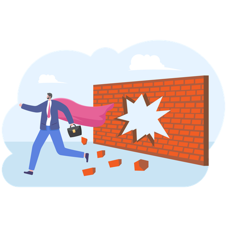 Súper hombre de negocios rompiendo la barrera de la pared de ladrillos  Ilustración