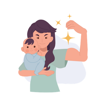 Súper mamá sosteniendo al bebé  Ilustración