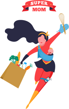 Super mother holding grocery bag Illustration