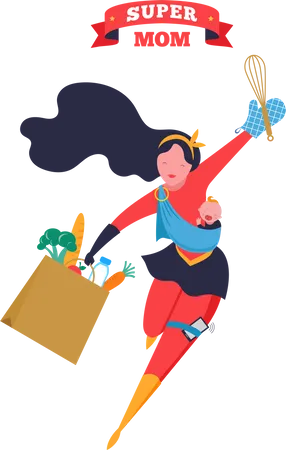 Super mother holding grocery bag  Illustration