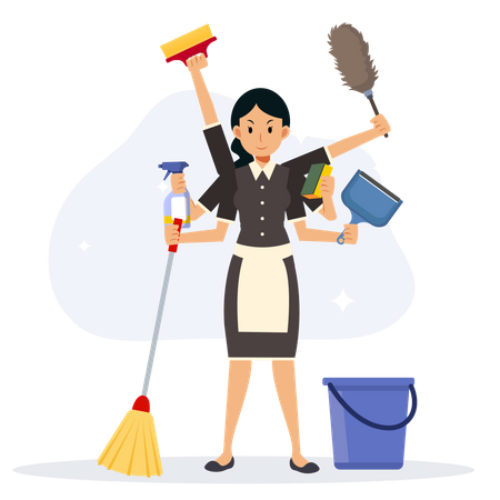 Super mucama y equipo de limpieza del hogar.  Ilustración