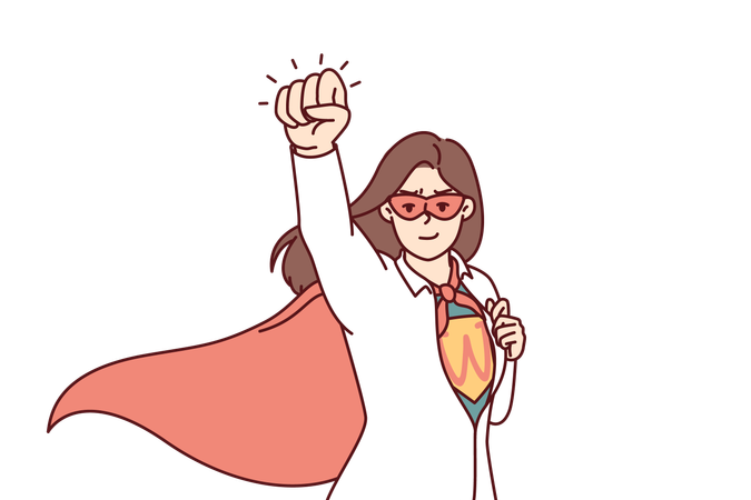Súper mujer se arranca la camisa mostrando ropa de superhéroe y sale volando para salvar negocios  Ilustración