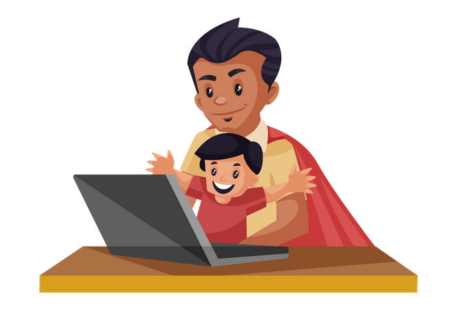Super pai e filho estão assistindo vídeo no laptop  Ilustração