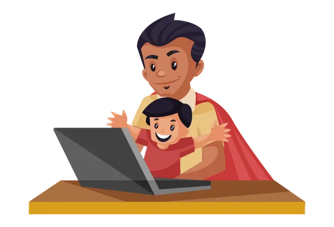 Super pai e filho estão assistindo vídeo no laptop  Ilustração