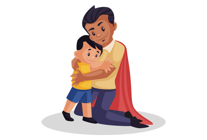 Super pai está abraçando seu filho  Ilustração