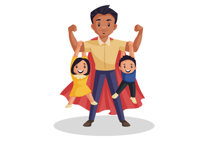 Súper papá cuelga a sus hijos en brazos  Ilustración