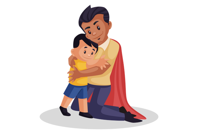 Super papá está abrazando a su hijo  Ilustración