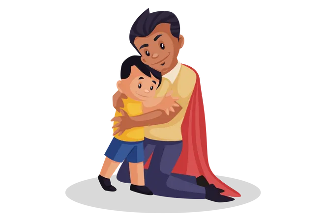 Super papá está abrazando a su hijo  Ilustración