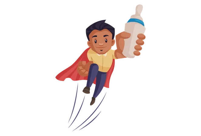 Super papá vuela con una botella de leche en la mano  Ilustración