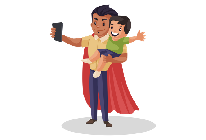 Super papá tomándose selfie con su hijo  Ilustración