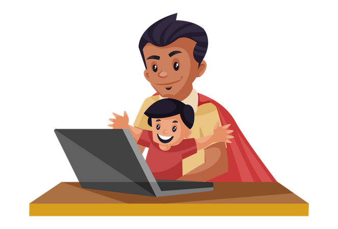 Super papá y niño están viendo videos en una computadora portátil  Ilustración