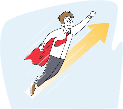 Superheld Geschäftsmann Super Angestellter mit erhobenem Arm fliegt in den Himmel  Illustration
