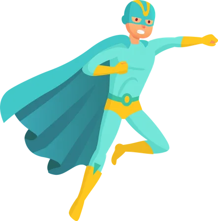 Superhero Man Character Cartoon Muscular Hero Character In Colorful Super Costume With Waving Cloak Pose Action Toy Figure Brave Handsome Man Flying Power Ranger Illustration