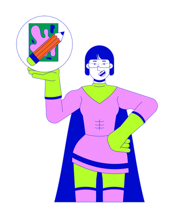 Superhero asian woman showing artists supplies  Illustration