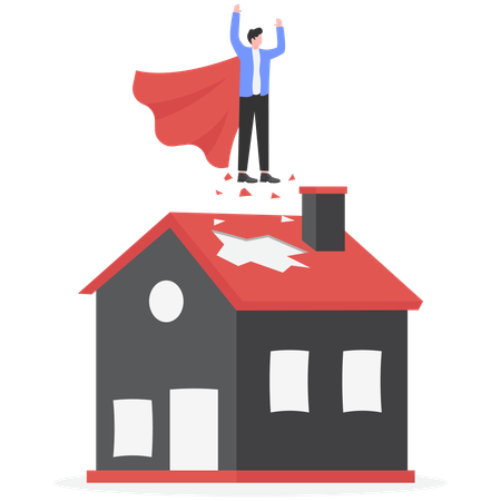 Superhero businessman flying through roof  Illustration