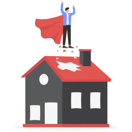 Superhero businessman flying through roof  Illustration