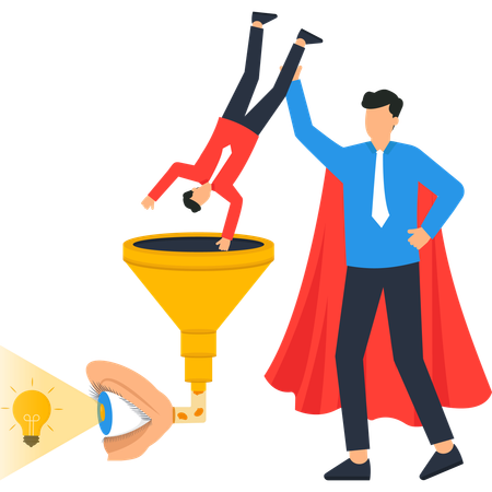 Superhero businessman guiding client through sales funnel  Illustration