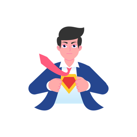 Superhero businessman open his shirt and shows superman sign  Illustration