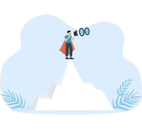Superhero businessman standing holding binoculars on a mountain cliff Shining towards the goal of success  Illustration