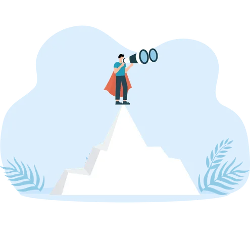 Superhero businessman standing holding binoculars on a mountain cliff Shining towards the goal of success  Illustration