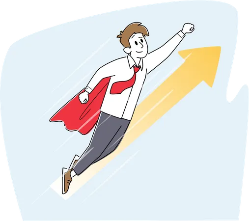 Superhero Businessman Super Employee with Raising Arm Flying Up in Sky Illustration