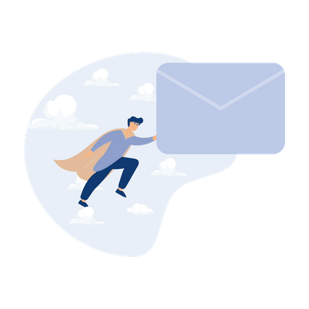 Superhero carrying big email envelope flying to recipient address  Illustration