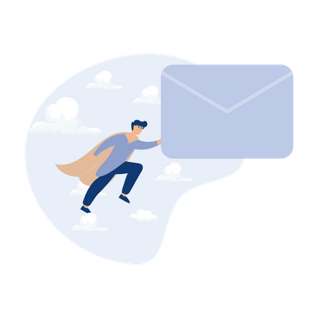 Superhero carrying big email envelope flying to recipient address  Illustration