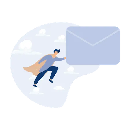 Superhero carrying big email envelope flying to recipient address  Illustration