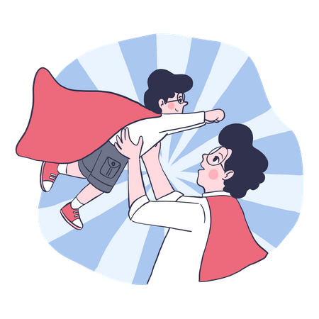 Superhero Father holding son  Illustration