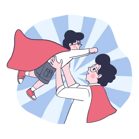 Superhero Father holding son  Illustration