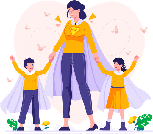 Superhero Mom with children  Illustration