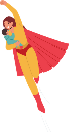 Superhero Mother Character Flying With Her Baby  イラスト