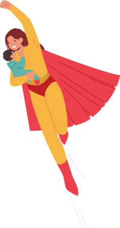 Superhero Mother Character Flying With Her Baby  イラスト